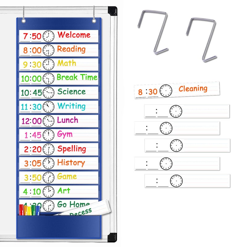 AUVCAS Daily Schedule Pocket Chart, Class Schedule with 13+1 Pockets 18 Dry Eraser Cards 2 Easy Over Door Mountings for Classroom, School, Office or Home (13â€ x 35.5â€) (Blue) - Image 1